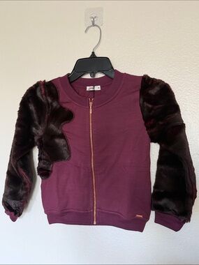Junior Gaultier Burgundy Zip Jacket with Faux Fur Sleeves